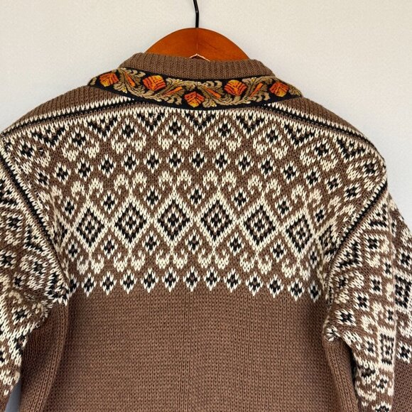 Vintage Nordstrickk Brown 100% Wool Nordic Fair Isle Silver Closure Cardigan - Picture 12 of 16